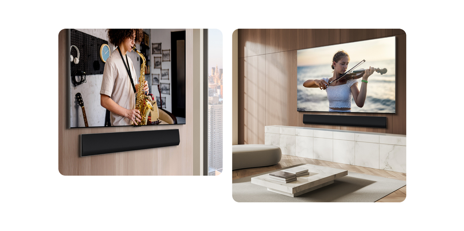 LG Soundbar panelining burchak ostida ko'rinishi va LG TV devorga o‘rnatilgan bo‘lib, ekranda truba ijrosini namoyish etadi.  LG Soundbar va LG TV kvartiraning yog‘och devorida dengizda skripka chalayotgan ayolni ko‘rsatmoqda.