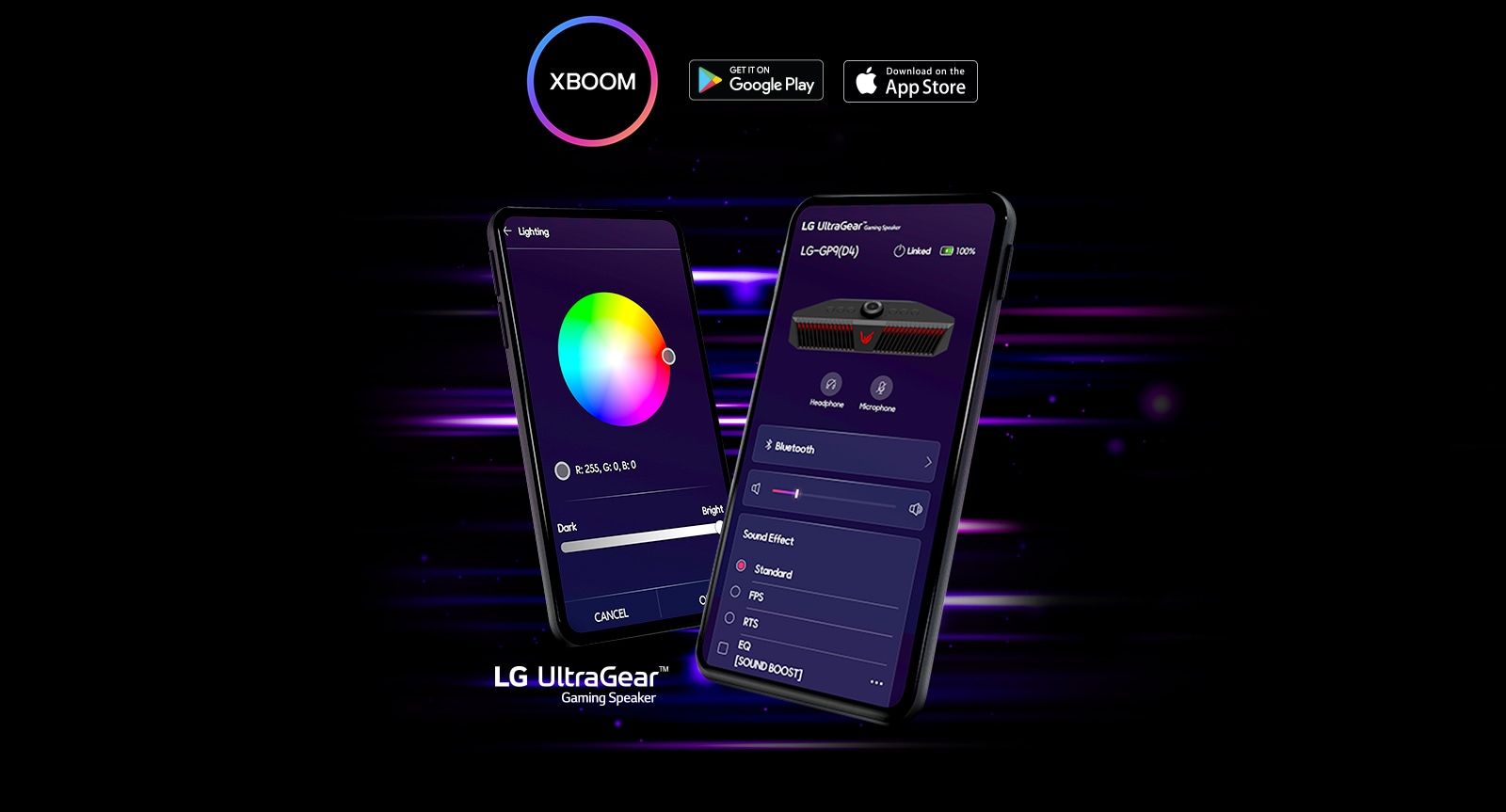 UltraGear ilovasi ekrani V harfi shaklida ikkita mobil telefon ekraniga kiritilgan.