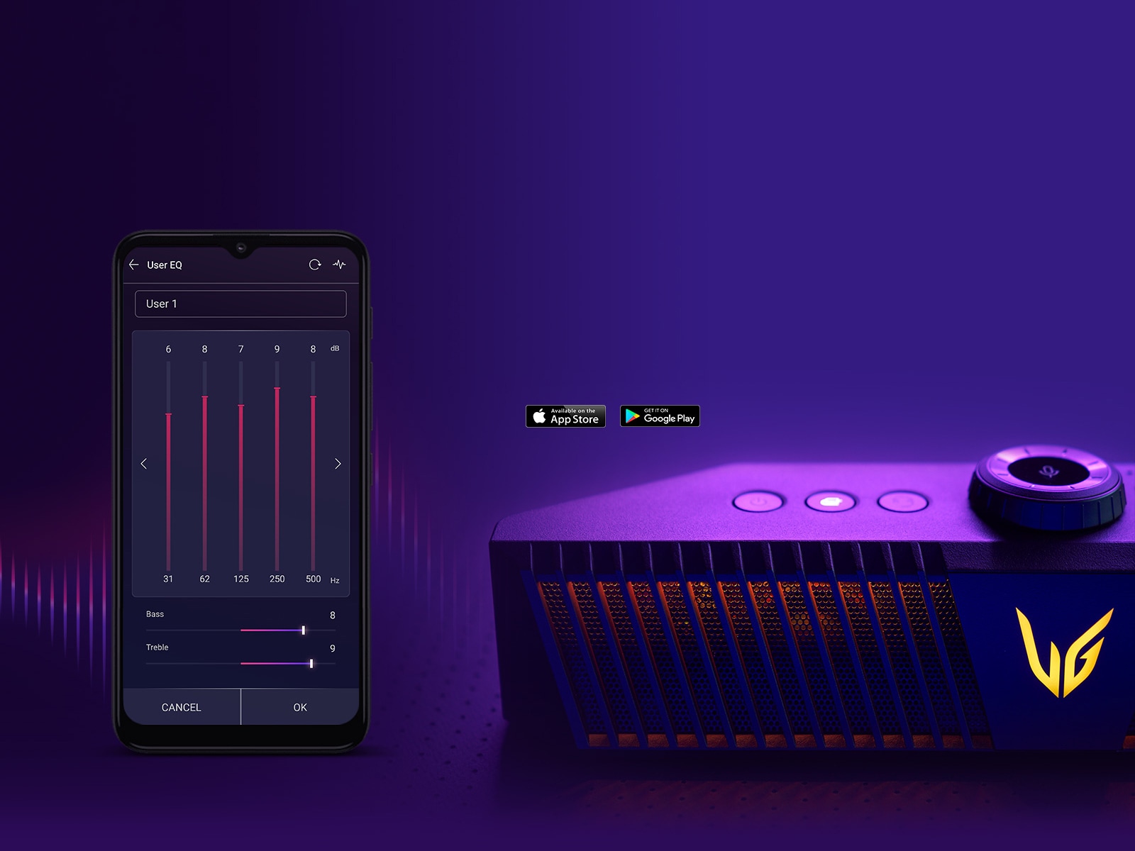 Binafsharang nur bilan orqadan yoritilgan stol ustiga sariq rangli oʻyin ovozkuchaytirgichi oʻrnatilgan. Ekranda – mobil telefon ekvalayzer sozlamalari sahnasi.