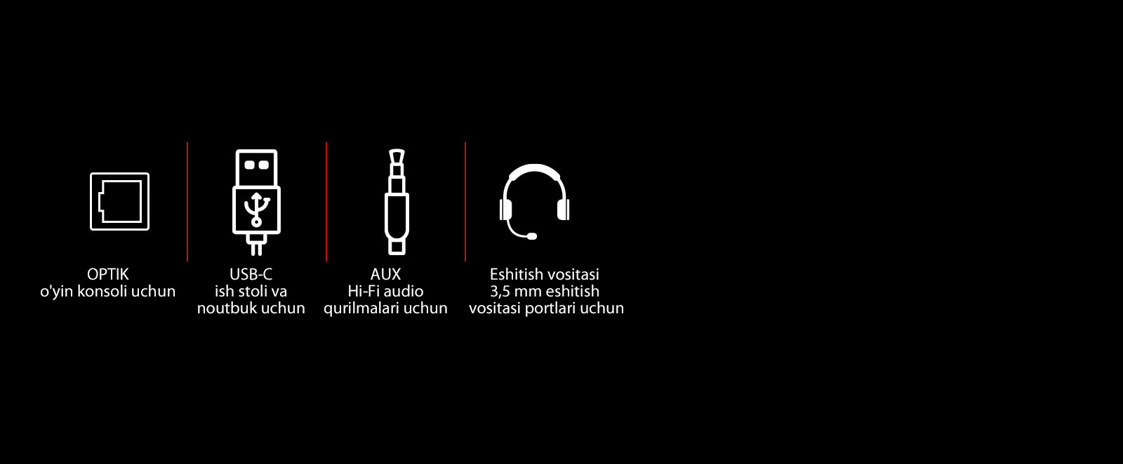 Optik kabel, USB-C kabeli, AUX va quloqlik piktogrammalari. Har bir belgi ostida oʻyin konsoli uchun – Optical, desktop va noutbuklar uchun – USB-C, Hi-Fi audio qurilmalari uchun AUX va 3,5 mm quloqlik portlari uchun – Headset yozuvi mavjud.
