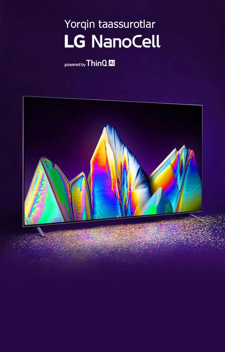 Ustiga porlab turgan pushti daraxt tasviri tushirilgan OLED televizori ramkasidagi kadr. Yuqori oʻng burchakda “OLED-televizorlari orasidagi Brend №1” logotipi tushirilgan. Pastki oʻng burchakda “Texnologiya ThinQ AI” logotipi joylashtirilgan. Yuqori chap burchakda “LG OLED evo” logotipi joylashgan. Pastki tarafning markazida BATAFSIL tugmasi bor.