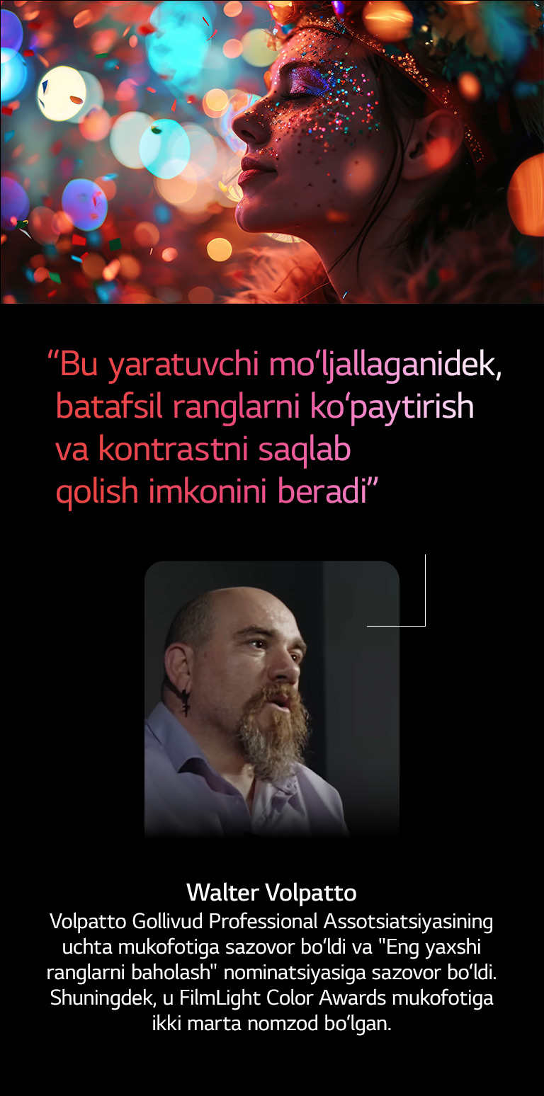 Boke effektli rangli fonda turgan odam tasviri. Taniqli kinematograf Valter Valpattoning AI Director Processing haqida so‘zlab bergan iqtibosida bu ranglarni batafsil ko‘paytirish va kontrastni yaratuvchi mo‘ljallangan tarzda saqlab qolish imkonini beradi. 