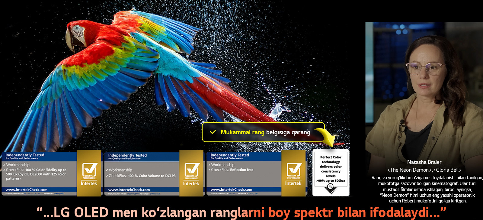 Qora fonda o'ta yuqori aniqlikdagi rangdor to‘tiqush. Uning atrofidagi havoda suv tomchilari muallaq turibdi. Tasvir Mukammal rangni ko‘rsatadi, chunki to‘tiqush tanasidagi har bir turlicha rang tusi jonli va yorqin. Batafsil suv chayqalishi bilan qorong‘u fon ham ekranda akslantirishning yo‘qligini ta’kidlaydi. UL va Intertek kompaniyasining turli sertifikatlash logotiplari ko‘rinadi. Bular 100% rang aniqligi, 100% rang hajmi va aks ettirishning yo‘qligi haqidagi da’volarga tegishli. Matn ham ko‘rinadi, Perfect Color sertifikat belgisini tekshiring.