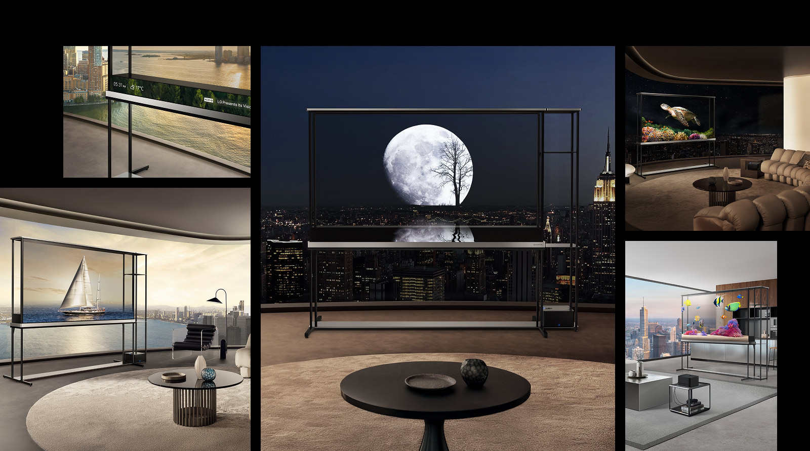 LG Signature OLED T televizori mavjud bo‘lgan turli joylar. Ularning har birida televizor shaffof rejimda bo‘lib, T-Contents vizuallari haqiqat bilan qanday uyg‘unlashganini ko‘rsatadi. Sahnalardan birida sana, vaqt va haroratni ko‘rsatuvchi ma’lumotlar paneli ham ko‘rinadi.