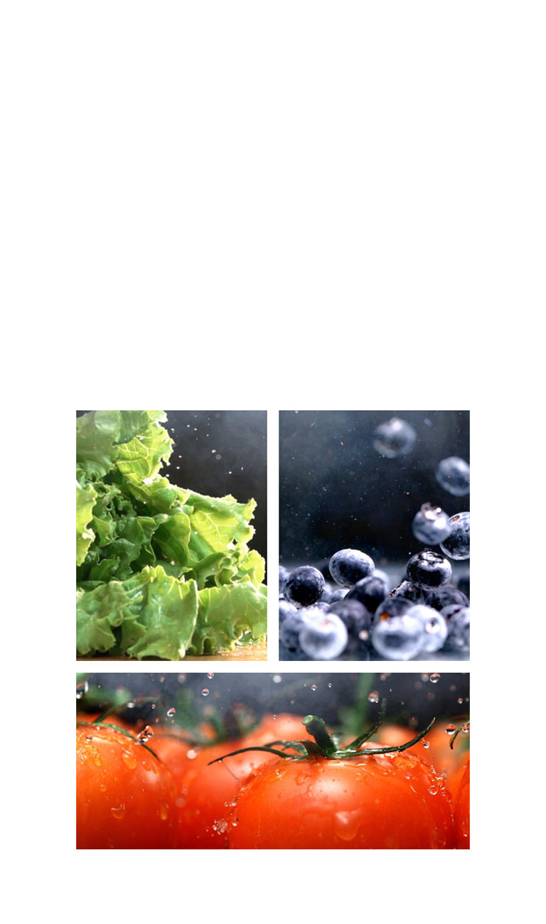 Yaqindan olingan video: dastlab yashil salat bargidan suv tomchilaydi, soʻng yangi uzilgan qizil pomidorlar ustiga suv tomchilari uriladi, keyin esa yarqiroq hoʻl chernika mevalarining harakatlanayotgani koʻrsatiladi.