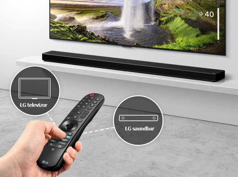 В руках человека показан пульт дистанционного управления для телевизора и саундбара, показанных на заднем плане. Показаны значки телевизора и саундбара LG.