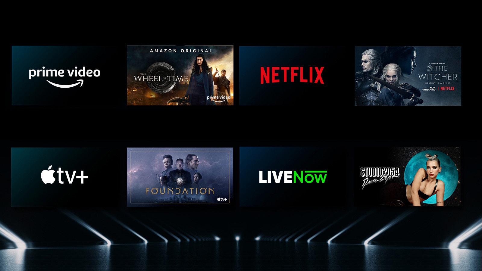 Yon tomonida har birida namoyish qilinajak filmlar roʻyxati koʻrsatilgan OTT xizmatlari logotiplari tasviri.