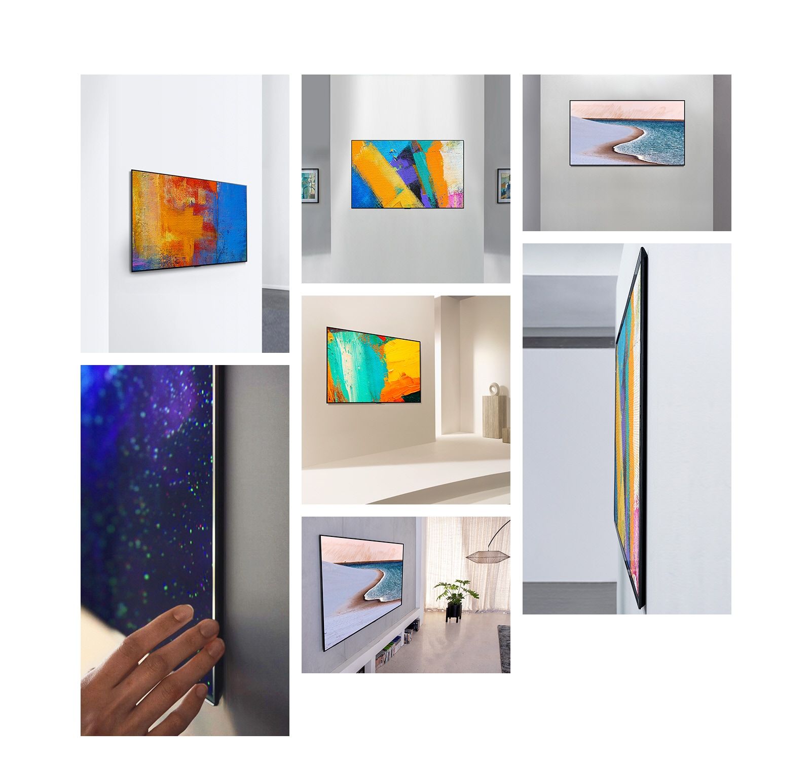 Sanʼat asari singari devordan nafosat bilan chiqib turgan LG Gallery Design televizorining yon tomondan koʻrinishi