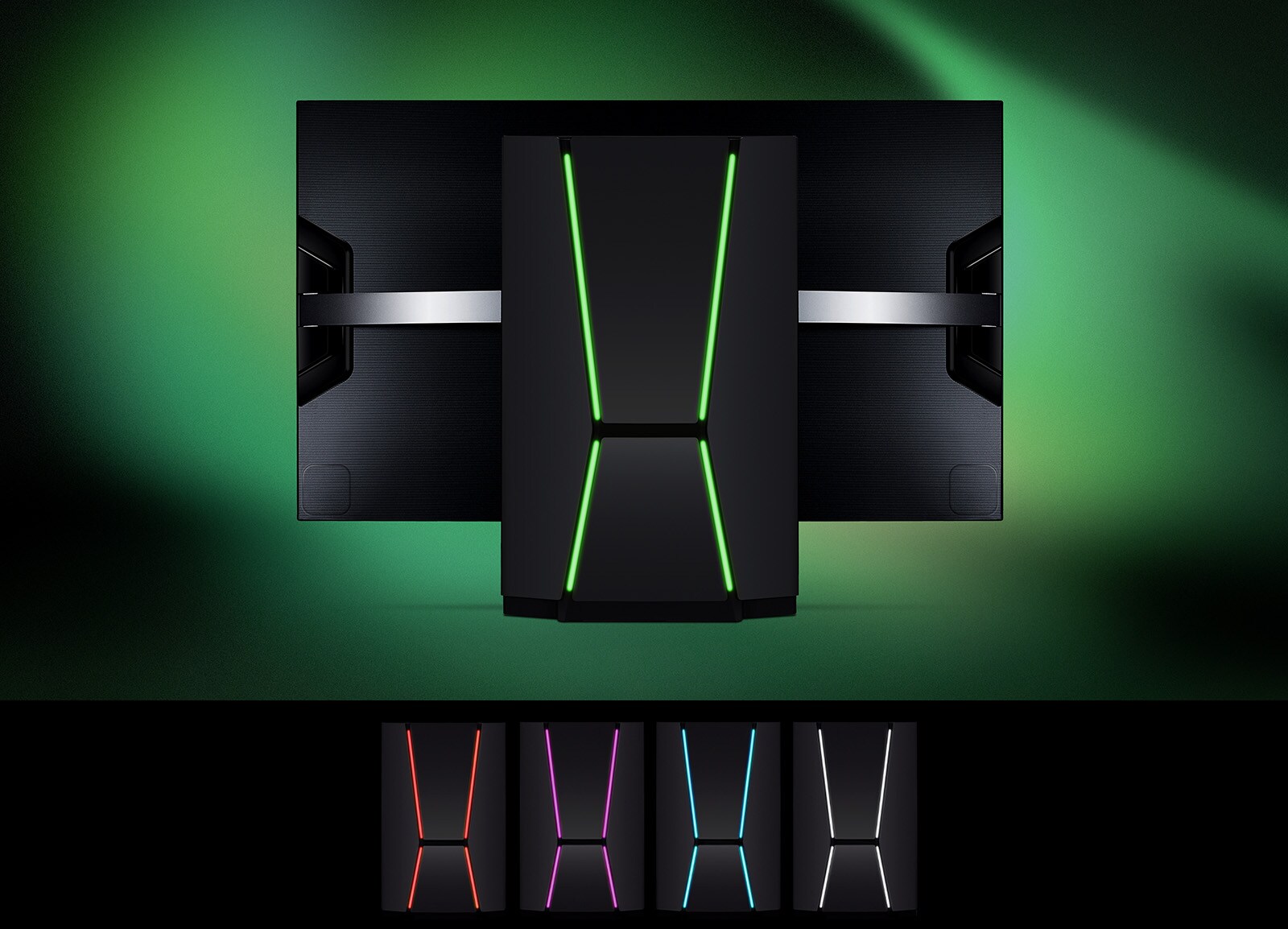 LG OLED Flex seen from the back with green lighting. Below, close-ups of red, purple, blue, and grey Shield Designs side-by-side in a row.