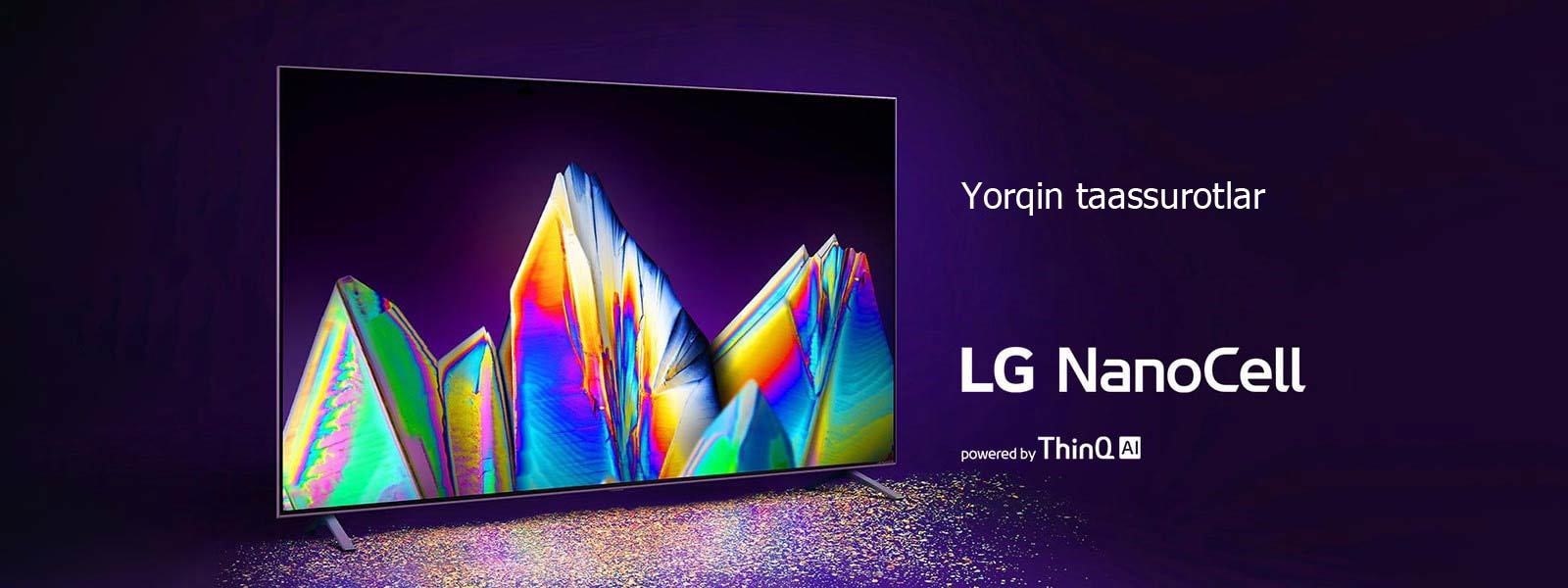 Ustiga porlab turgan pushti daraxt tasviri tushirilgan OLED televizori ramkasidagi kadr. Yuqori oʻng burchakda “OLED-televizorlari orasidagi Brend №1” logotipi tushirilgan. Pastki oʻng burchakda “Texnologiya ThinQ AI” logotipi joylashtirilgan. Yuqori chap burchakda “LG OLED evo” logotipi joylashgan. Pastki tarafning markazida BATAFSIL tugmasi bor.