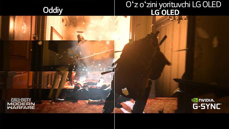 Birinchi yarmi oddiy televizorda uzilgan holda va ikkinchi yarmi LG OLED televizorida uzilmagan holda koʻrsatilgan oʻyin sahnasi.