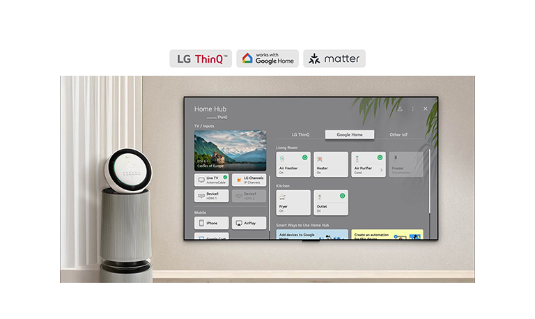 Ekranda Home Hub bo‘lgan LG TV. UI Google Home, ThinQ va boshqa IoT-ni televizoringizda qanday qilib barcha aqlli qurilmalaringizni osongina boshqarishingiz mumkinligini ko‘rsatadi.