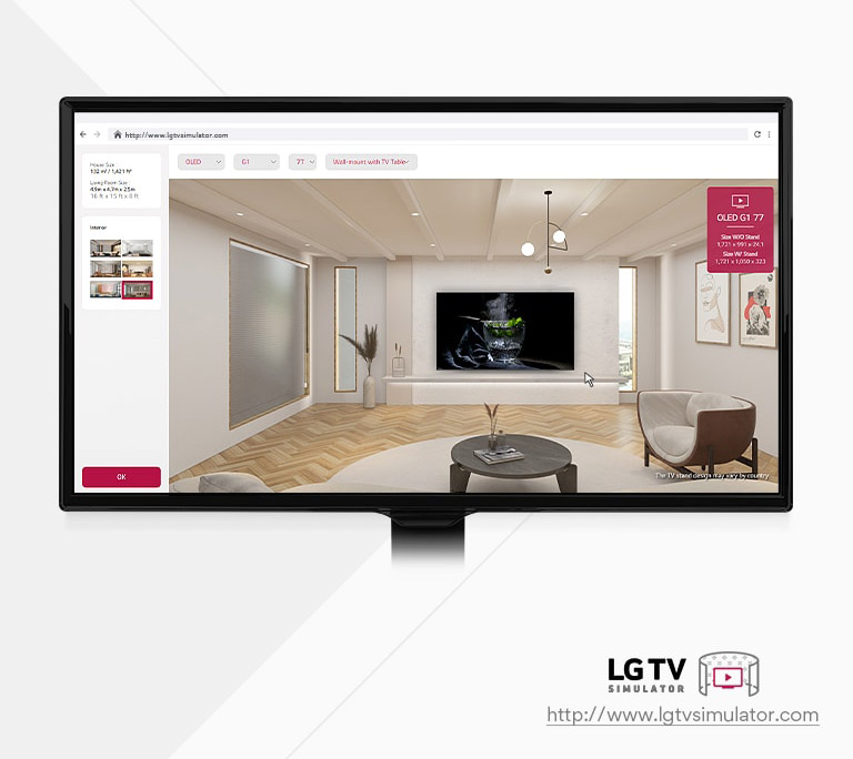 Bu barcha LG televizorlari rusumlarini virtual muhitda joylashtirishingizga imkon beradigan simulyator illyustratsiyasi.