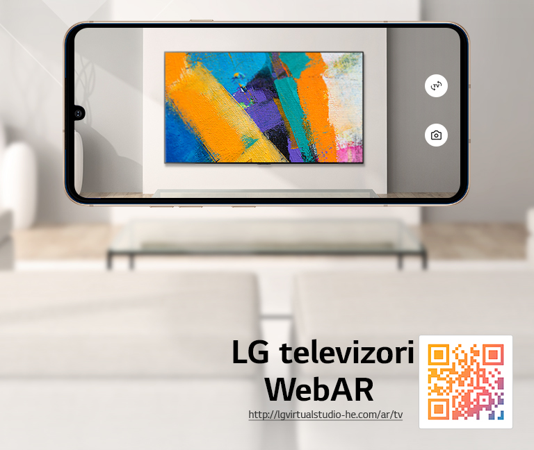 Bu LG OLED televizorining veb-muhitdagi qoʻshimcha reallikda modellashtirilgan tasviri. Mobil telefondagi tasvirlar minimalistik muhitda ustma-ust joylanadi. Past oʻngda QR kod tasvirlangan.