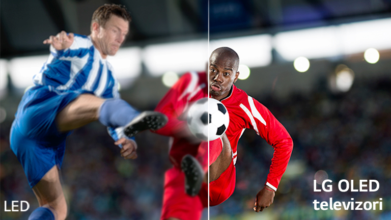 Futbol oʻyini sahnasi ikkita vizual taqqos qismiga ajratilgan. Tasvirning pastki chap qismida LCD/LED matni, pastki oʻng burchakda LG OLED logotipi koʻrsatilgan.