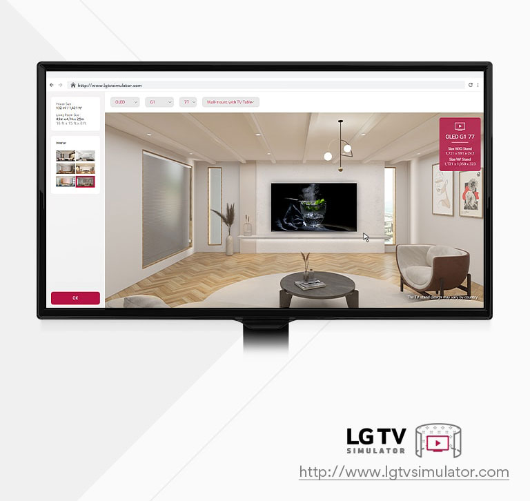 Bu barcha LG televizorlari rusumlarini virtual muhitda joylashtirishingizga imkon beradigan simulyator illyustratsiyasi.