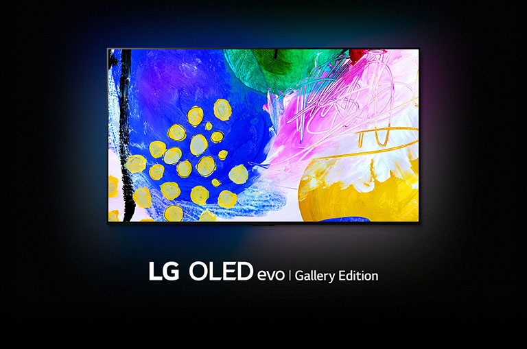Displeyida shakllarning rang-barang mavhum badiiy chizgisi va ostida “LG OLED evo Gallery Edition” yozuvi boʻlgan LG OLED G2 qorongʻi xonada turibdi.