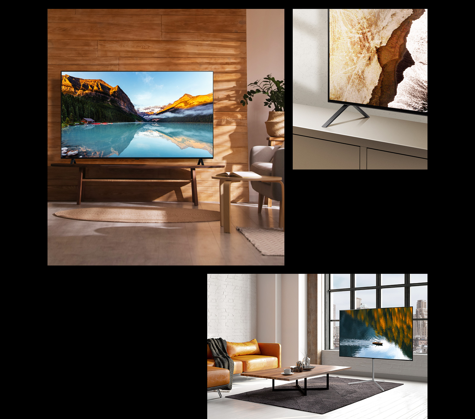 Televizordagi LG OLED A3 tasviri yogʻoch devorning oldida turibdi. LG OLED A3 asos stendining pastki burchagi. Shahar koʻrinib turgan oynaning oldida pol stendidagi LG OLED A3.