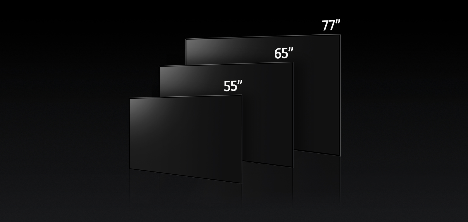 Tasvir LG OLED G3 turli oʻlchamlarini solishtiradi, 55", 65" va 77" koʻrsatiladi.
