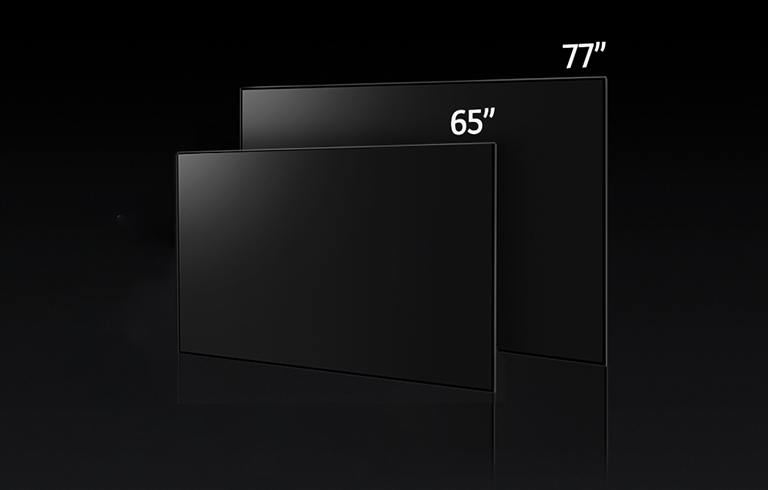 Tasvir LG OLED G3 turli oʻlchamlarini solishtiradi, 65" va 77" koʻrsatiladi.