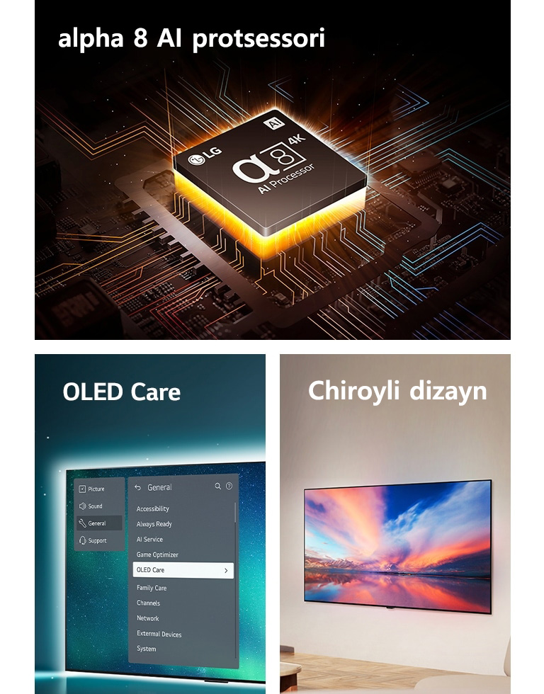 LG-ning anakartda joylashgan alpha 8 AI protsessori to'q sariq rangli yorug'lik chiqarmoqda.  Ekranda OLED TV qo‘llab-quvvatlash menyusida tanlangan OLED Care ko‘rsatilgan.  Televizor yashash joyida devorga tekis o'rnatilib zamonaviy dizaynni namoyon qiladi.