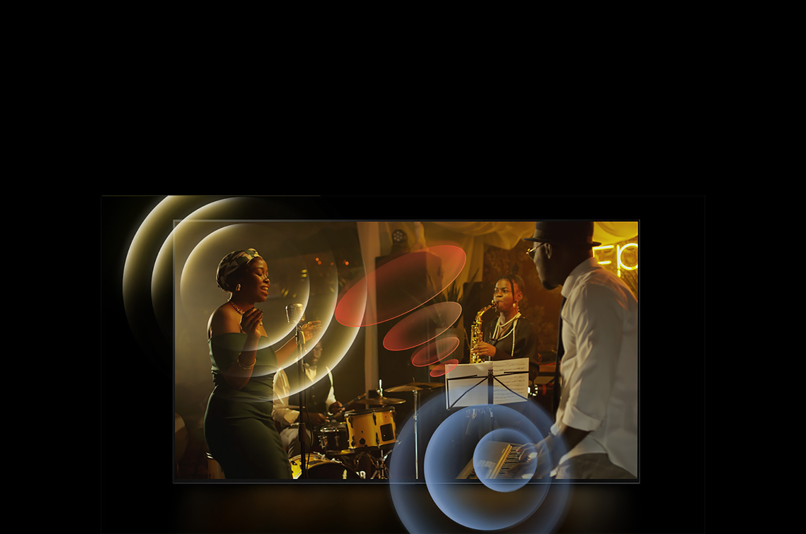 LG TV musiqachilar ijrosi aks ettirilgan, xona bo‘ylab yorqin aylanali grafikalar mavjud.