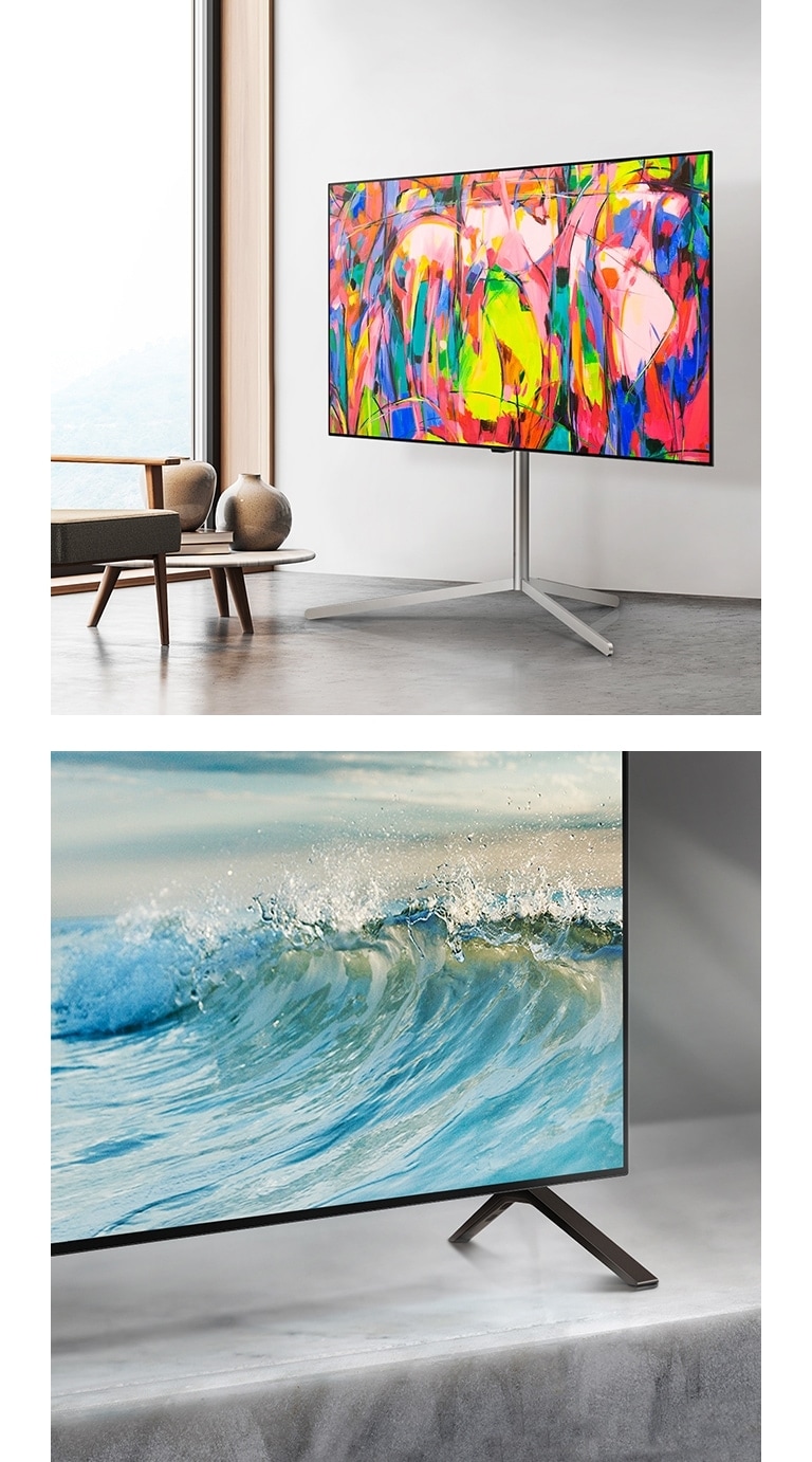 LG OLED televizor OLED B4 stendining pastki burchagi marmar yuzada. Ekranda och ko'k to'lqin.   LG OLED televizori, OLED B4 minimalist joyda stendda turibdi.