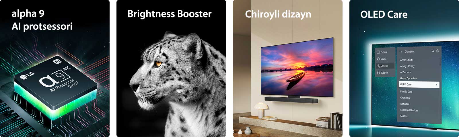 LG-ning anakartda joylashgan alpha 7 AI protsessori to'q sariq rangli yorug'lik chiqarmoqda.  Ekranda OLED TV qo‘llab-quvvatlash menyusida tanlangan OLED Care ko‘rsatilgan.  Televizor yashash joyida devorga tekis o'rnatilib zamonaviy dizaynni namoyon qiladi.