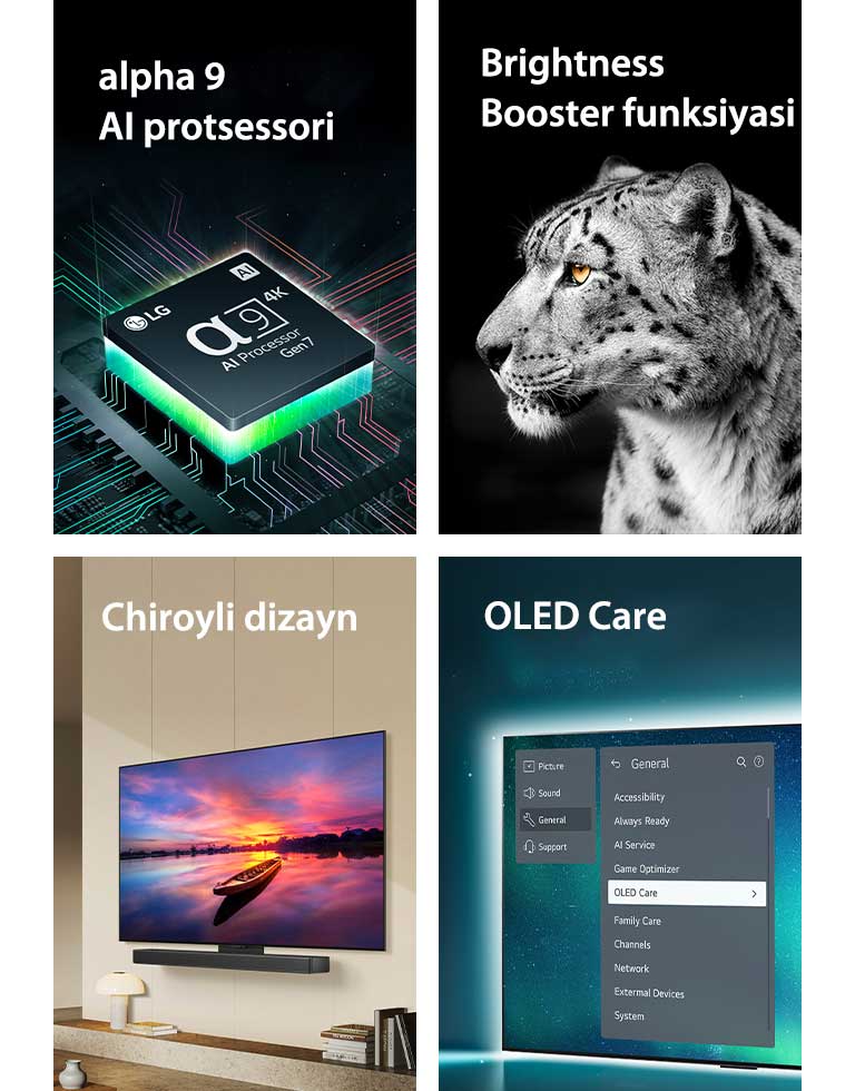 LG-ning anakartda joylashgan alpha 7 AI protsessori to'q sariq rangli yorug'lik chiqarmoqda.  Ekranda OLED TV qo‘llab-quvvatlash menyusida tanlangan OLED Care ko‘rsatilgan.  Televizor yashash joyida devorga tekis o'rnatilib zamonaviy dizaynni namoyon qiladi.