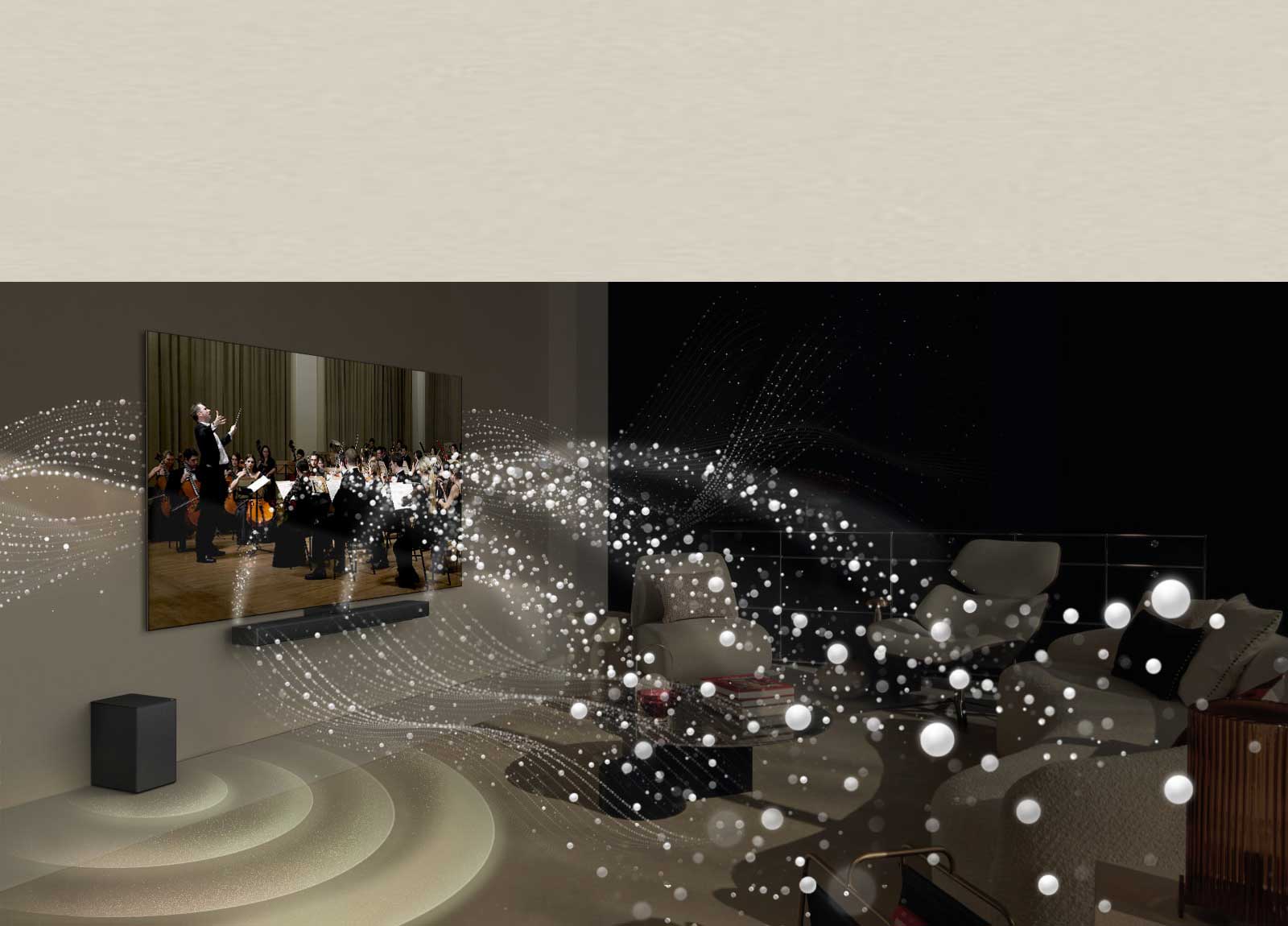 Mehmonxona devoriga LG OLED televizori va saundbar o‘rnatilgan, jonli grafik shakllar esa butun xonani o‘rab olgan.