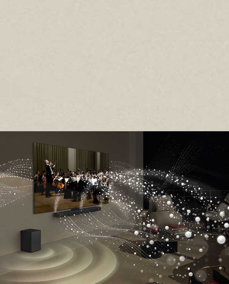 Mehmonxona devoriga LG OLED televizori va saundbar o‘rnatilgan, jonli grafik shakllar esa butun xonani o‘rab olgan.