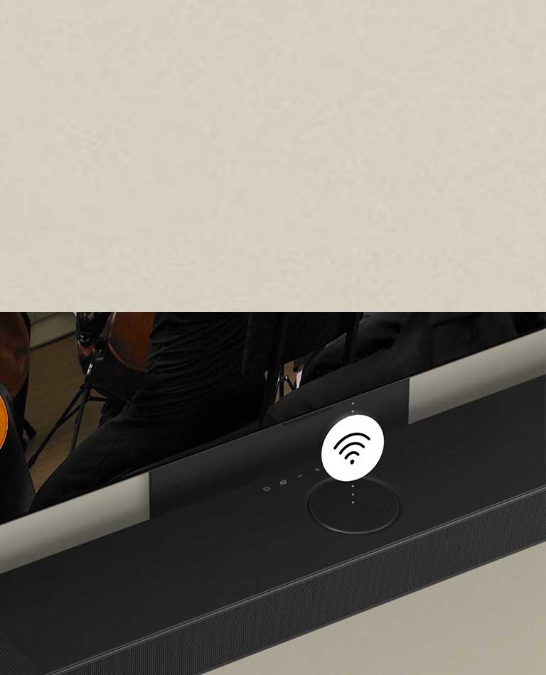 LG OLED televizori va LG Soundbar devorga o‘rnatilgan, o‘rtada oq Wi-Fi belgisi grafigi ko'rsatilgan.