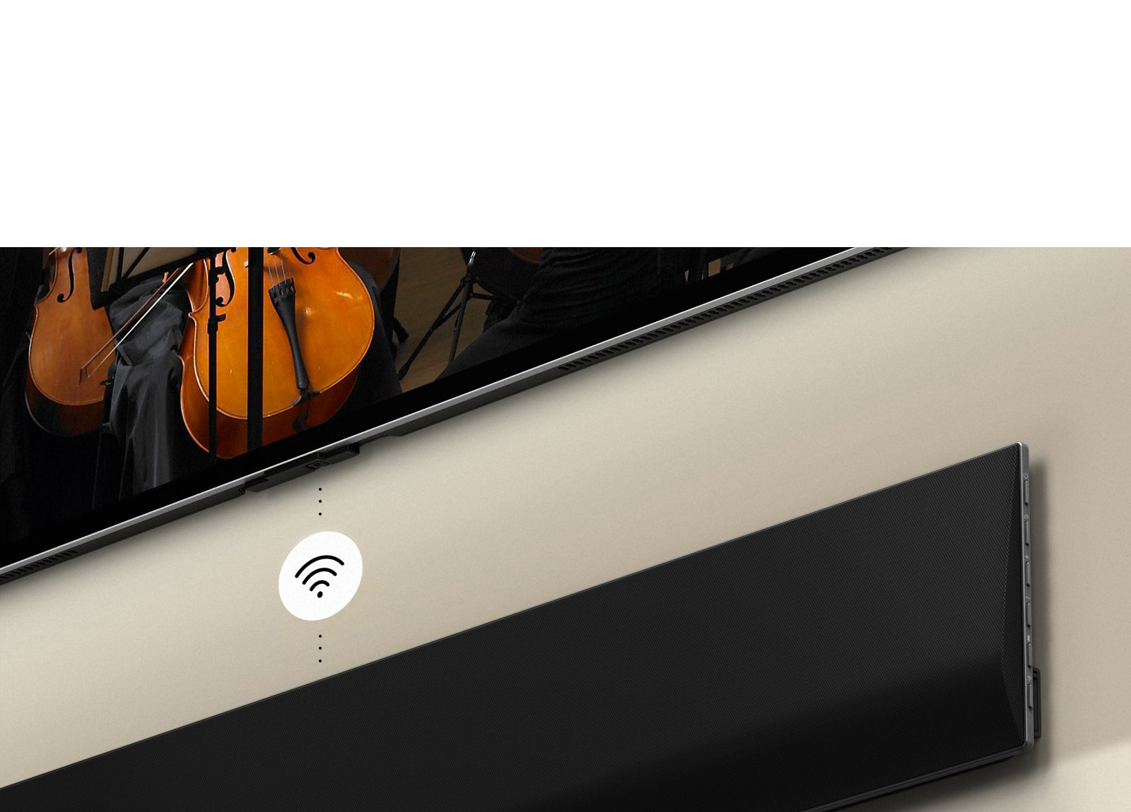 LG OLED televizori va LG Soundbar devorga o‘rnatilgan, o‘rtada oq Wi-Fi belgisi grafigi ko'rsatilgan.