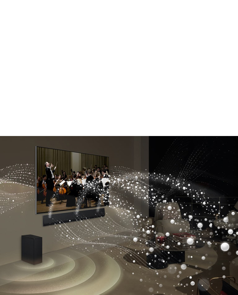 Mehmonxona devoriga LG OLED televizori va saundbar o‘rnatilgan, jonli grafik shakllar esa butun xonani o‘rab olgan.