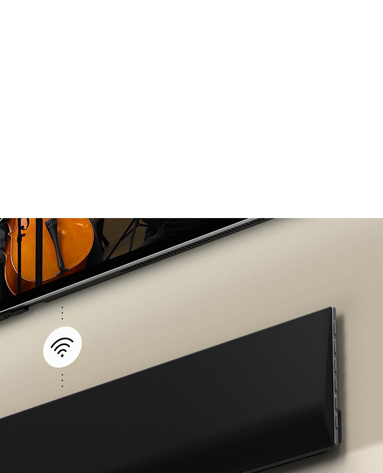 LG OLED televizori va LG Soundbar devorga o‘rnatilgan, o‘rtada oq Wi-Fi belgisi grafigi ko'rsatilgan.
