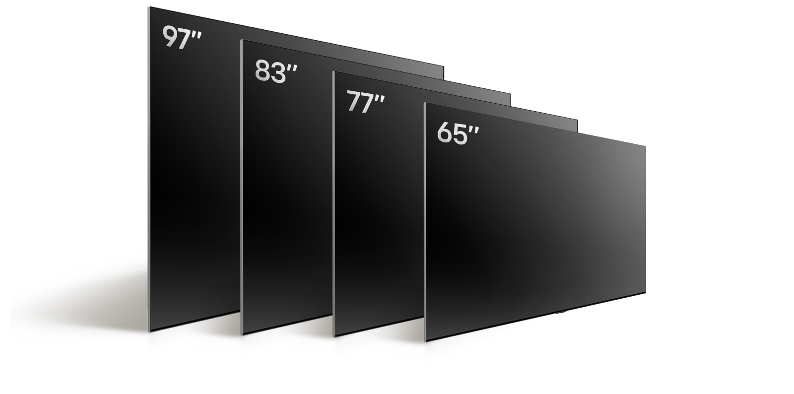 OLED G4 65", OLED G4 77", OLED G4 77", OLED G4 83" va OLED G4 97" ko'rsatadigan LG OLED TV, OLED G4 ning turlarining o'lchamlarini taqqoslanishi.