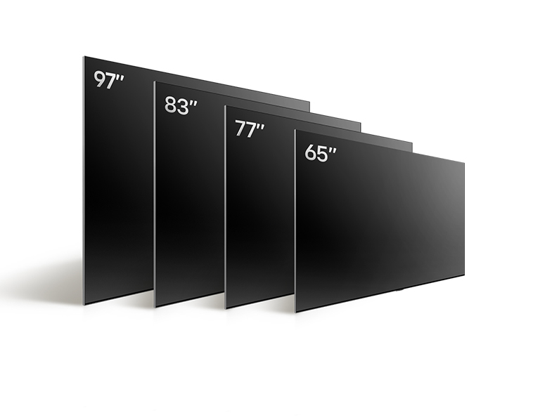 OLED G4 65", OLED G4 77", OLED G4 77", OLED G4 83" va OLED G4 97" ko'rsatadigan LG OLED TV, OLED G4 ning turlarining o'lchamlarini taqqoslanishi.