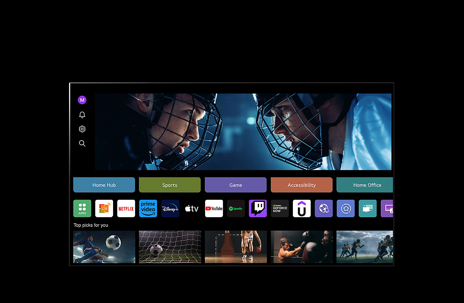 LG TV ekranida “Mening profilim” ekrani ko‘rsatiladi. Yuqori uchinchi qismda “Moddiy mo‘jizalar” uchun banner. Banner ostida quyidagi tugmalar ko‘rsatiladi: Home Hub, Sports, Game, Accessibility, Home Office. Quyidagi tugmalar, quyida keltirilgan logotiplar ko‘rsatiladi: LG Channels, Netflix, Prime Video, Disney+, Apple TV, YouTube, Spotify, Twitch, GeForce Now va Udemy. Logotiplar ostida “Siz uchun eng yaxshi tanlovlar” matni ostida 5 ta film eskizi ko‘rsatilgan. Kursor yuqori chap burchakdagi boshlang‘ich "S" ustiga bosiladi. LG hisobi pastga tushuvchi menyusi ochiladi va beshta nom ko‘rsatiladi. Ekrandagi eskizlar va tavsiya etilgan kontentlar o‘zgarar ekan, kursor ikkinchi nom ustiga bosiladi.