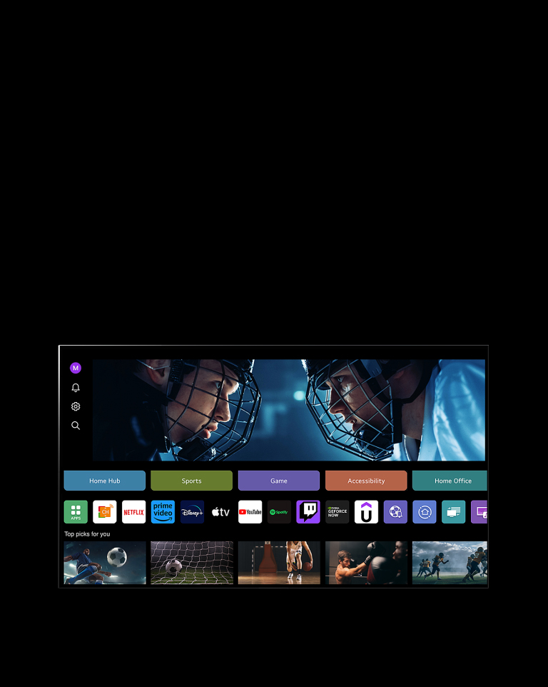 LG TV ekranida “Mening profilim” ekrani ko‘rsatiladi. Yuqori uchinchi qismda “Moddiy mo‘jizalar” uchun banner. Banner ostida quyidagi tugmalar ko‘rsatiladi: Home Hub, Sports, Game, Accessibility, Home Office. Quyidagi tugmalar, quyida keltirilgan logotiplar ko‘rsatiladi: LG Channels, Netflix, Prime Video, Disney+, Apple TV, YouTube, Spotify, Twitch, GeForce Now va Udemy. Logotiplar ostida “Siz uchun eng yaxshi tanlovlar” matni ostida 5 ta film eskizi ko‘rsatilgan. Kursor yuqori chap burchakdagi boshlang‘ich "S" ustiga bosiladi. LG hisobi pastga tushuvchi menyusi ochiladi va beshta nom ko‘rsatiladi. Ekrandagi eskizlar va tavsiya etilgan kontentlar o‘zgarar ekan, kursor ikkinchi nom ustiga bosiladi.