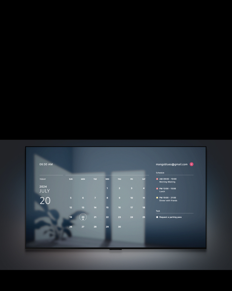 LG TV vaqt, sana, ob-havo va harorat va “Xayrli tong” matni bilan quyosh chiqishi tasvirini ko‘rsatadi. “Salom LG” matnli nutq pufakchasi o‘chib ketadi, so‘ngra “Bu haftaning jadvalini ko‘rsating” matnli nutq pufakchasi paydo bo‘ladi. Ekran Google taqvimi va kunlik jadvalni ko‘rsatadigan displeyga o‘tadi.