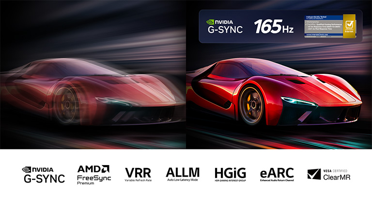 Videoo‘yindagi avtomobilning yonma-yon joylashgan ikkita tasviri. Bittasida juda ko‘p harakat chaplanishi mavjud. Ikkinchisi aniq va diqqat markazida bo‘lib, LG OLED TV yuqori kadr tezligini ko‘rsatadi. Nvidia G-Sync logotipi, 165Hz logotipi, 0,1 ms javob vaqti Intertek nishoni hamda boshqa tegishli sertifikatlar ko‘rinib turibdi. 