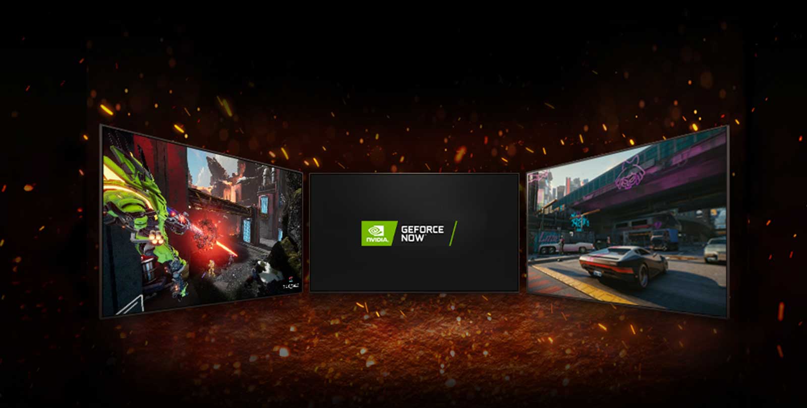 Tasvirda uchta televizor aks etgan. Ekran markazida oʻzaro diagonal joylashtirilgan ikkita logotip aks etgan: NVIDIA GeFORCE NOW logotipi. Chapdagi televizor Splitgate oʻyinini, oʻngdagisi esa Cyberpunk 2077 oʻyinini koʻrsatadi.  