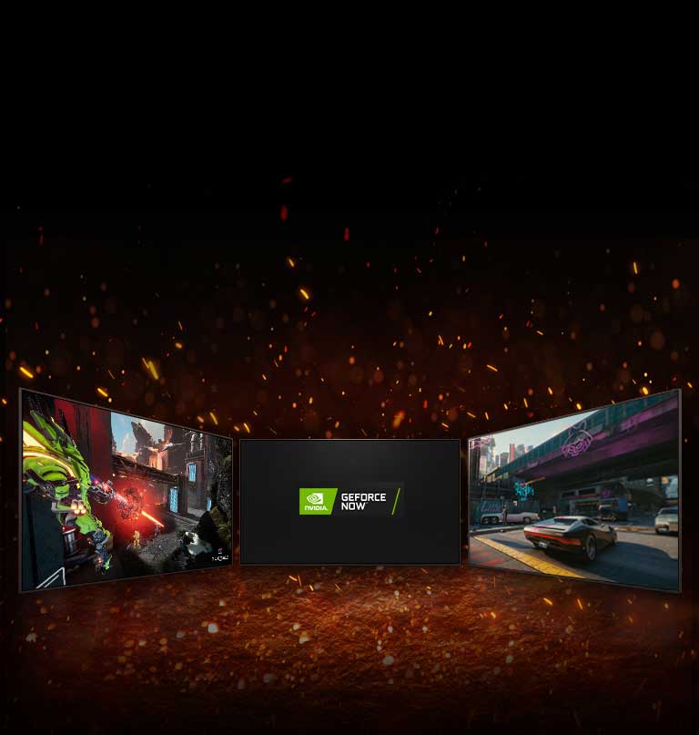 Tasvirda uchta televizor aks etgan. Ekran markazida oʻzaro diagonal joylashtirilgan ikkita logotip aks etgan: NVIDIA GeFORCE NOW logotipi. Chapdagi televizor Splitgate oʻyinini, oʻngdagisi esa Cyberpunk 2077 oʻyinini koʻrsatadi.  