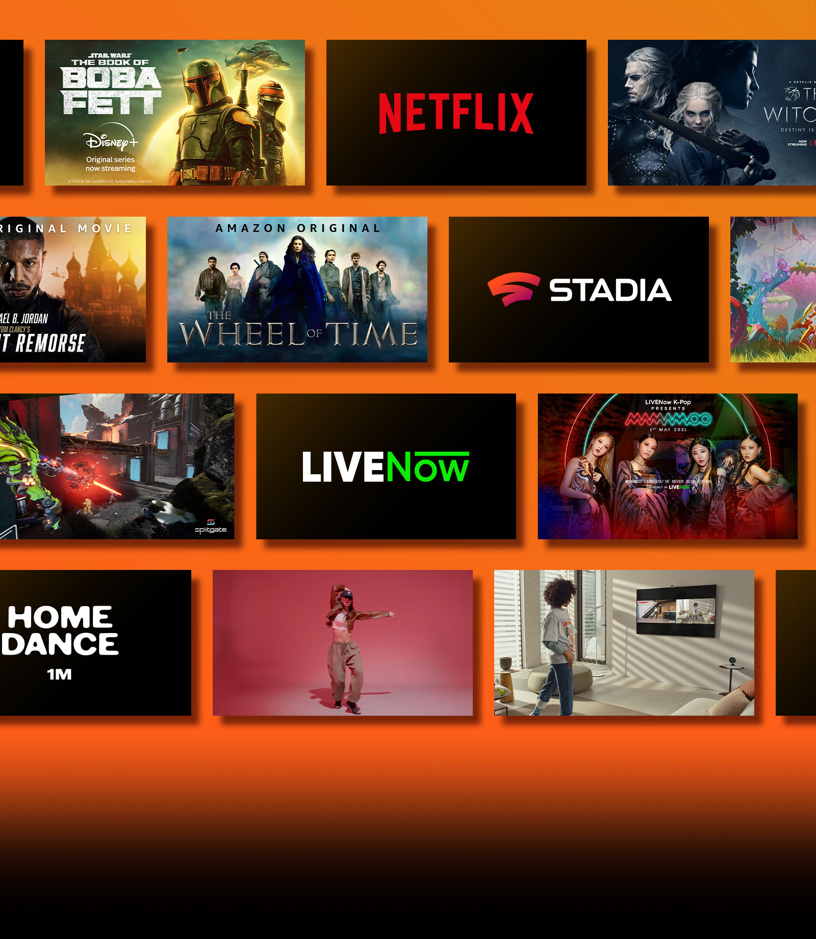 Har bir logotip yonida striming xizmati platformasi logotiplari va tegishli kadrlar mavjud. Netflix logotipi, pul oʻmarish va The Witcher. Disney va Boba Fett logotipi. Stadia logotipi va “Yovvoyi sayyoraga sayohat” va “Qahramonlar afsonasi”: “Sovuq poʻlat yoʻllari III”. Prime Video logotipi, “Tavba qilish yo'q” va “Vaqt g'ildiragi”. Livenow logotipi, mamamoo tizer tasviri va OneUs tizer tasviri. NVIDIA Geforce Now logotipi va Cyberpunk 2077 va Splitgate oʻyini tasvirlari. 1 millionta logotip va raqsga tushayotgan qizning ikkita tasviri. HBO Max, The Wire va Euphoria logotipi. Apple TV plus logotipi, asos va Finch.