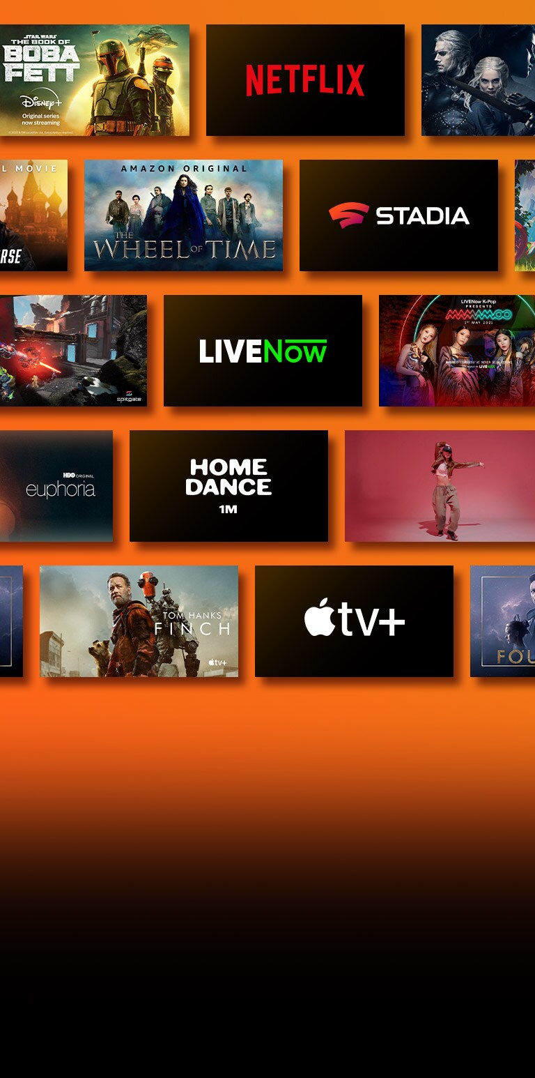 Har bir logotip yonida striming xizmati platformasi logotiplari va tegishli kadrlar mavjud. Netflix logotipi, pul oʻmarish va The Witcher. Disney va Boba Fett logotipi. Stadia logotipi va “Yovvoyi sayyoraga sayohat” va “Qahramonlar afsonasi”: “Sovuq poʻlat yoʻllari III”. Prime Video logotipi, “Tavba qilish yo'q” va “Vaqt g'ildiragi”. Livenow logotipi, mamamoo tizer tasviri va OneUs tizer tasviri. NVIDIA Geforce Now logotipi va Cyberpunk 2077 va Splitgate oʻyini tasvirlari. 1 millionta logotip va raqsga tushayotgan qizning ikkita tasviri. HBO Max, The Wire va Euphoria logotipi. Apple TV plus logotipi, asos va Finch.