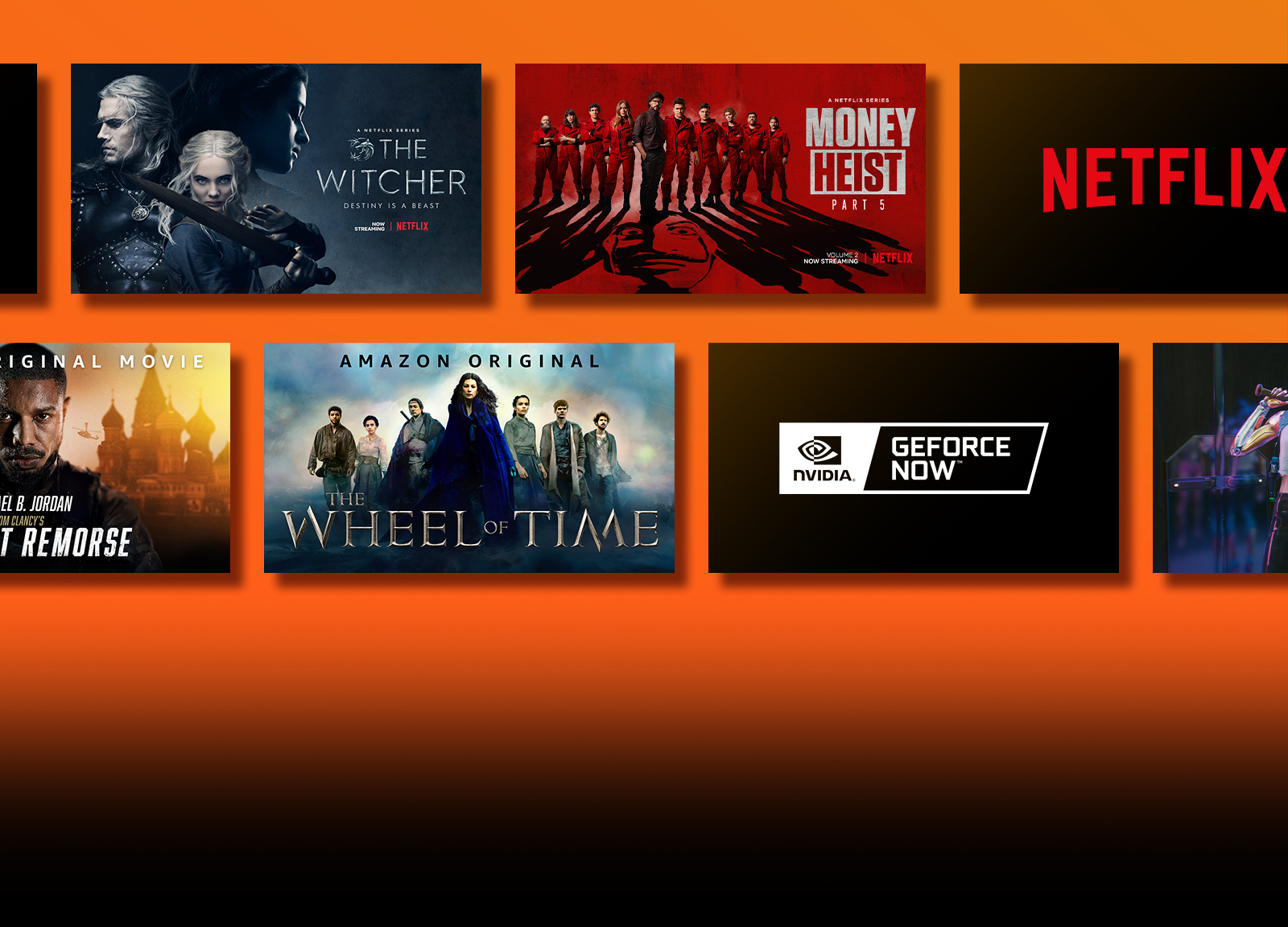 Har bir logotipning yonida striming xizmati platformalari logotiplari va mos keladigan kadrlar berilgan. Netflix logotipi hamda “Pul oʻmarish”, “Jodugar” filmlari. Prime Video xizmati logotipi va “Shafqatsiz”, “Vaqt charxpalagi” filmlari. Livenow sayti logotipi va “Mamamoo”, “OneUs” striming guruhi suratlari. NVIDIA Geforce Now logotipi va “Cyberpunk 2077”, “Splitgate” oʻyinlaridan olingan rasmlar. 