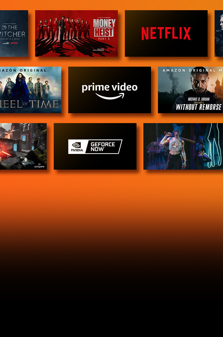 Har bir logotipning yonida striming xizmati platformalari logotiplari va mos keladigan kadrlar berilgan. Netflix logotipi hamda “Pul oʻmarish”, “Jodugar” filmlari. Prime Video xizmati logotipi va “Shafqatsiz”, “Vaqt charxpalagi” filmlari. Livenow sayti logotipi va “Mamamoo”, “OneUs” striming guruhi suratlari. NVIDIA Geforce Now logotipi va “Cyberpunk 2077”, “Splitgate” oʻyinlaridan olingan rasmlar. 