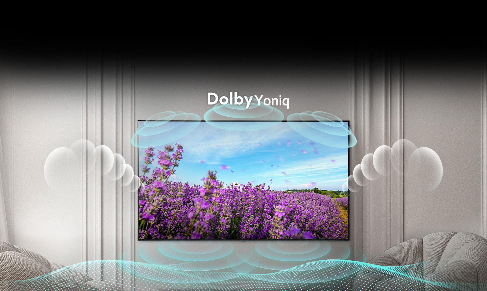 QNED TV ekranida yozgi daladagi pushti raps gullari namoyish qilinadi, oʻrtada Dolby OʻCHIQ soʻzlari koʻrsatiladi. Ekran ichidagi tasvir biroz yorqinlashib, yozuv “dolby yoniq” boʻlib oʻzgaradi.