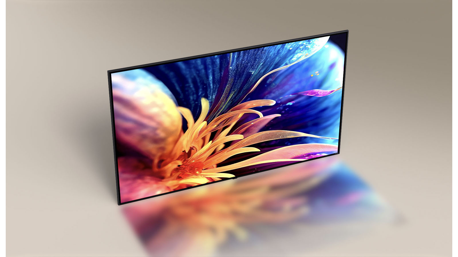 Super ingizcha LG TV tepadan kamera burchagidan olingan. Kamera burchagi televizorning old yuzini ko‘rsatish uchun siljiydi va rang-barang, kattalashtirilgan gulning rasmini ko‘rsatadi.