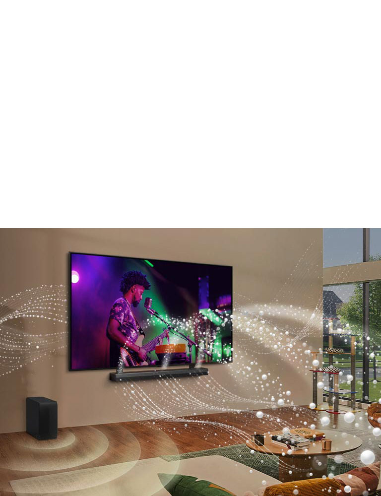 Yashash xonasida devorga o'rnatilgan LG televizori va tovush paneli hamdsa xona bo‘ylab yorqin shaklli grafikalar.